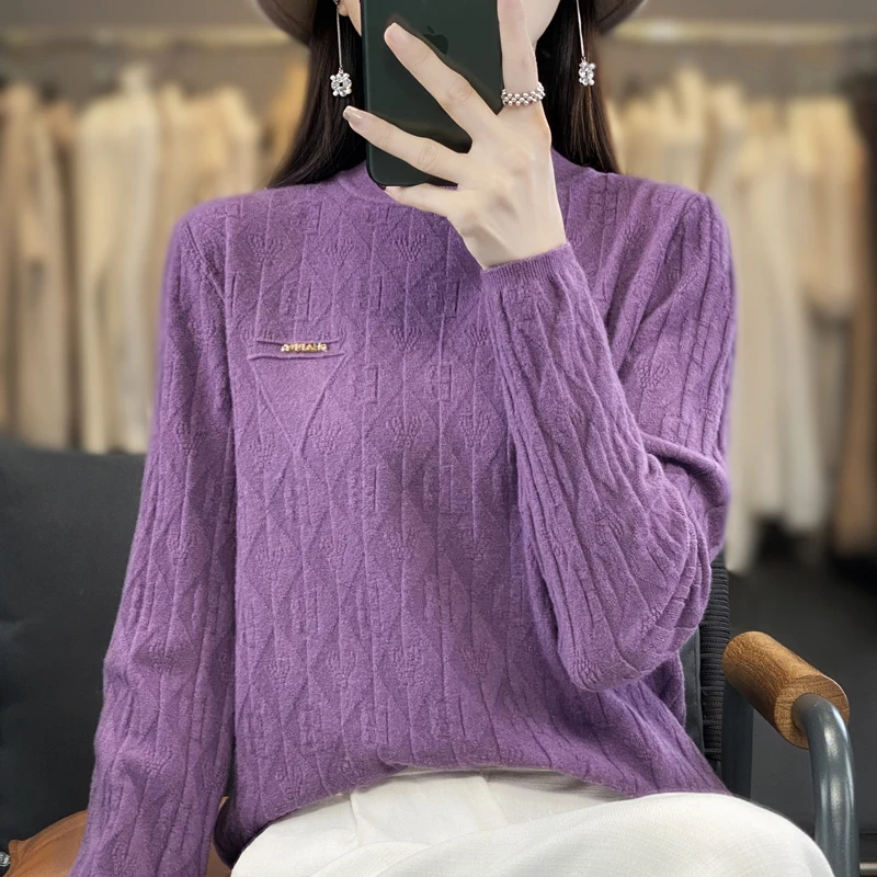 2023 Fall Winter New Sweater Women's Half High Neck Long Sleeve Pullover Solid Color Premium Hot Diamond Loose Knit Bottom Shirt