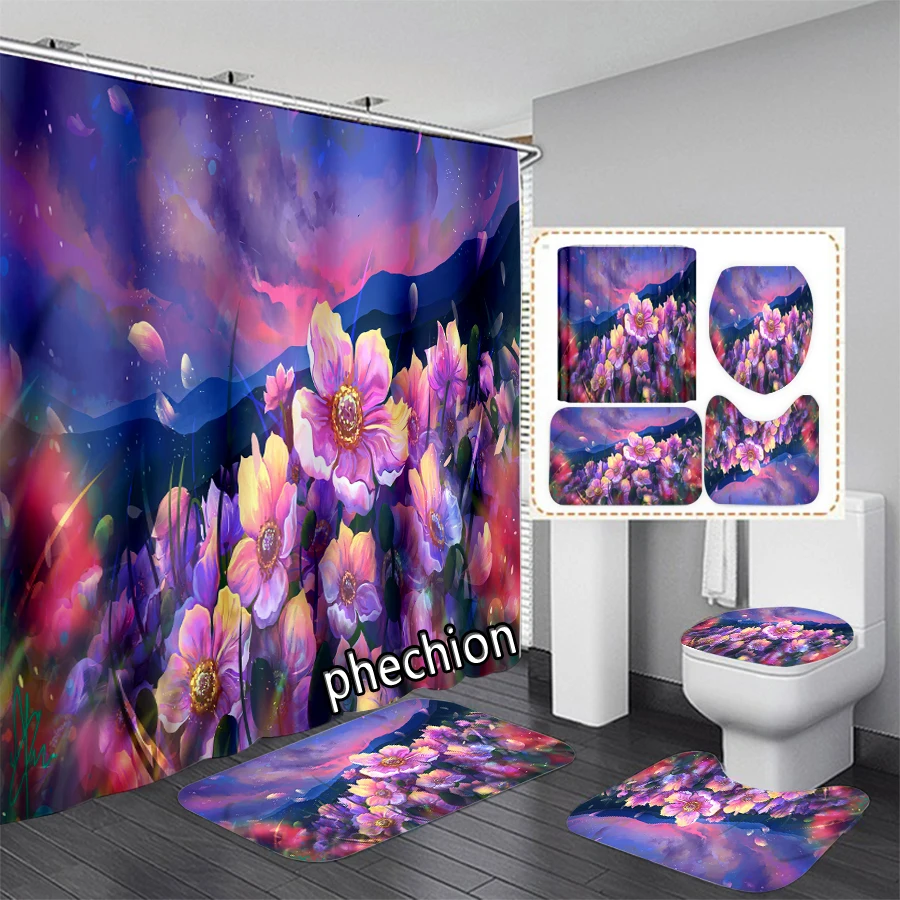 New Flowers 3D Print Shower Curtain Waterproof Bathroom Curtain Anti-slip Bath Mat Set Toilet Rugs X09