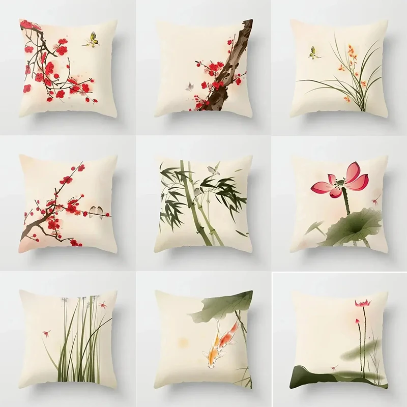 Plum Blossom Bamboo Lotus Pattern Pillowcase Square Car Sofa Office Cushion Pillowcase