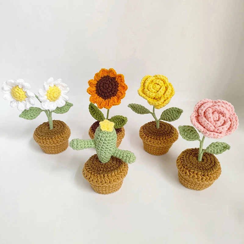 Hand Knitting Potted Plants Hand-woven Rose Sunflower Tulip Crochet Flower Auto Interior Accessories Car Decoration Ornaments