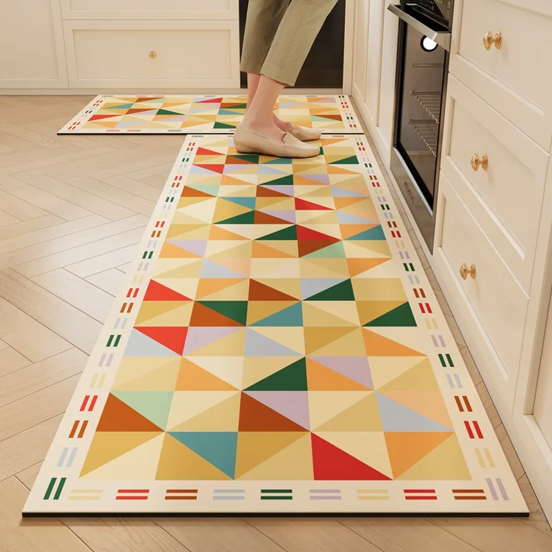 Kitchen Floor Mat Waterproof Non-slip Leather Carpet PVC Color Plaid Oil-proof Rug Home Decoration Long Size Foot Mats Alfombra