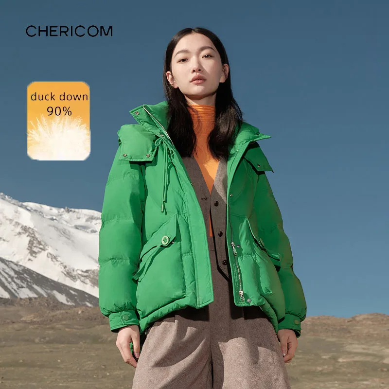 Chericom ショート厚いダウンジャケット女性の冬暖かい防寒フード付きパファーコートファッションオフィスレディパッド入りジャケット Y289091Y