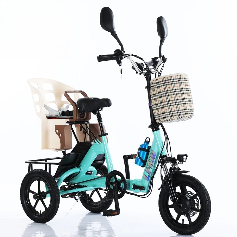 Folding 14 Inch Electric Tricycle 350W 48V10.4Ah Adult 3 Wheel E Bike Dual Seats Kids Seat Max 20KM/H Long Range 70KM E-Trike