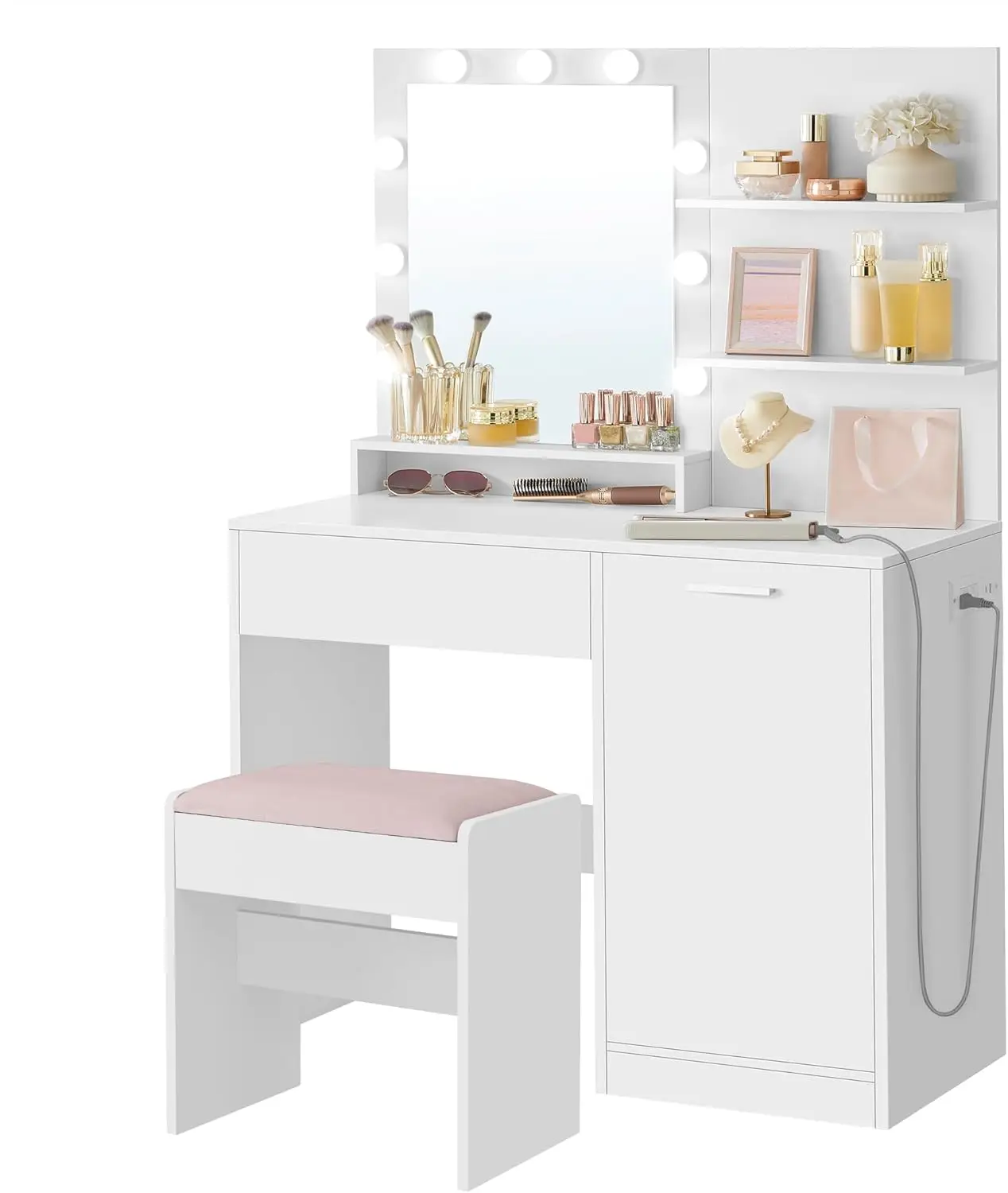 VASAGLE Vanity Desk with Mirror and Lights, 35.4-Inch Wide Makeup Vanity with Upholstered Vanity Stool, Power Outlets, Dimmable