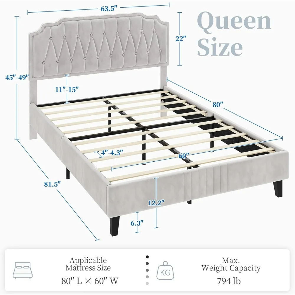 Yaheetech Queen Bed Frame Velvet Upholstered Platform Beds with Curved Headboard, Height-Adjustable Headboard Beige Queen Bed