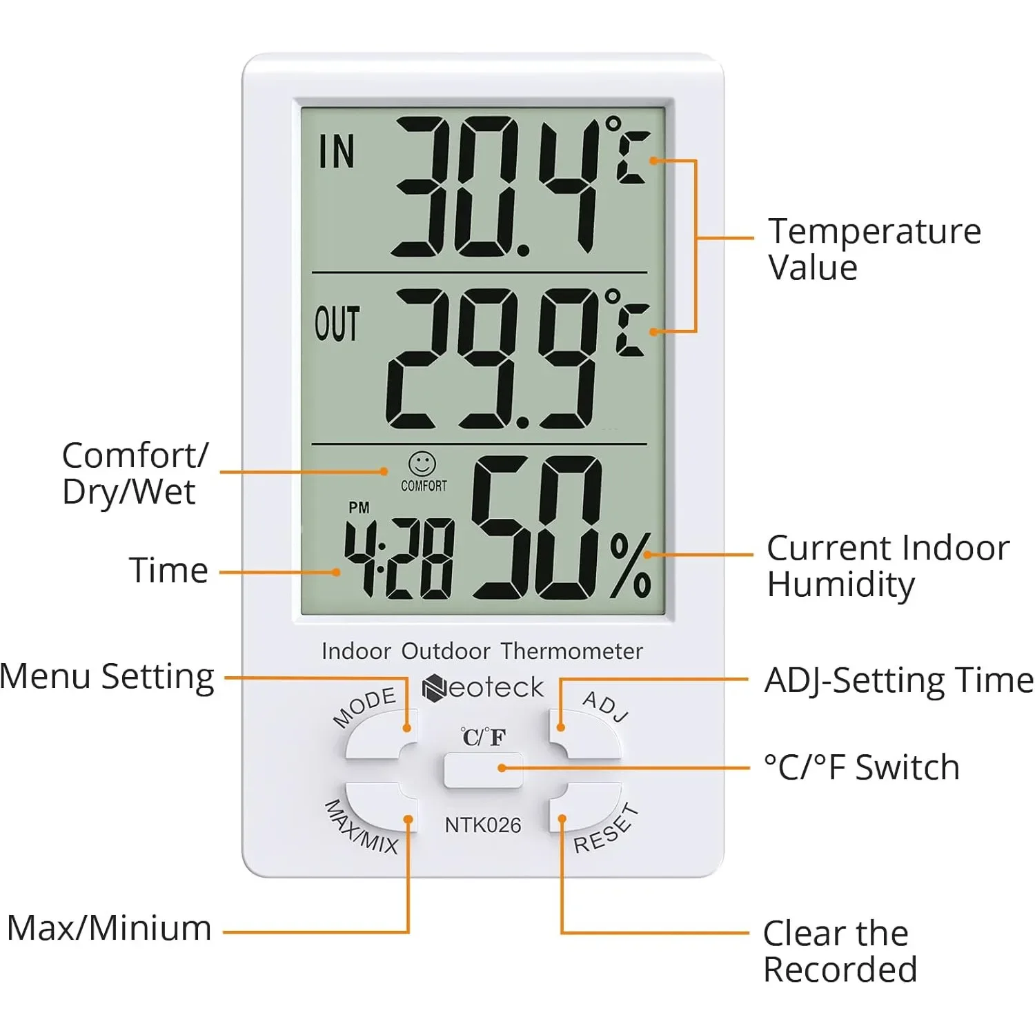 2 in 1 Digital Hygrometer with LCD Display Time Display Humidity Thermometer Temperature Meter Sensor Wire for Indoor Outdoor