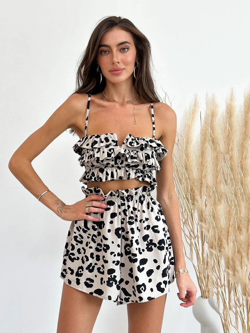 Marthaqiqi Printing Women Nightgown Suit Spaghetti Strap Pajama Tank Tops Nightie Crop Top Nightwear Shorts Casual Sleepwear Set