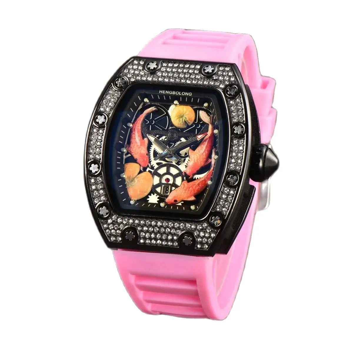 Custom OEM New Design Three koi fish Diamond Luxury Men and Women Tourbillon Automatic Non Mechanical Quartz Watch