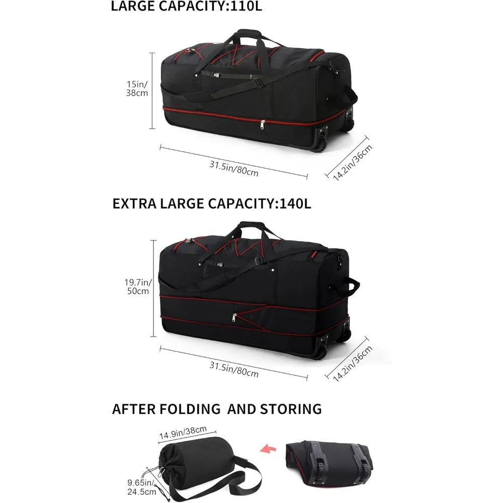 حقيبة واق من المطر قابلة للتوسيع 110 لتر - 140 لتر مع عجلات مضمنة، حقيبة سفر قابلة للتحويل في عطلة نهاية الأسبوع، نظام سلك بنجي، سعة كبيرة f