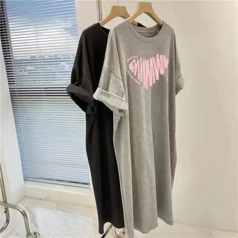 Korean version plus size lazy T-shirt dress women's summer 2026 new mid length skirt fat mm casual straight tube heart skirt