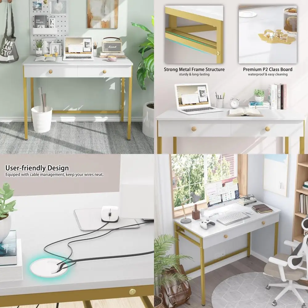 

Стильный бело-золотой компьютерный стол с ящиками для домашнего офиса, письма, учебы и игр — просторная, прочная рабочая станция