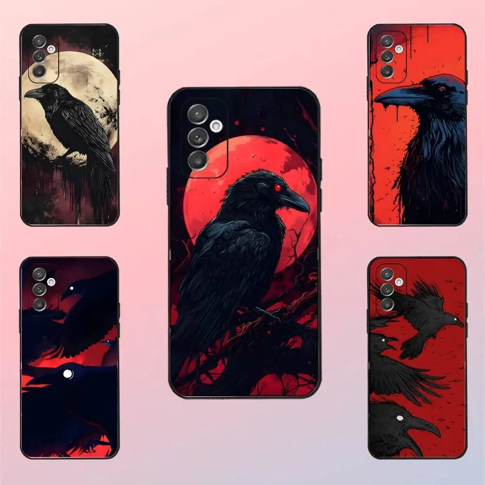 

Red Background Black Raven Phone Case For Samsung S 25,24,23,22,30,21,10,9,Ultra,Plus,Lite,FE,4,5 G Black Soft Case