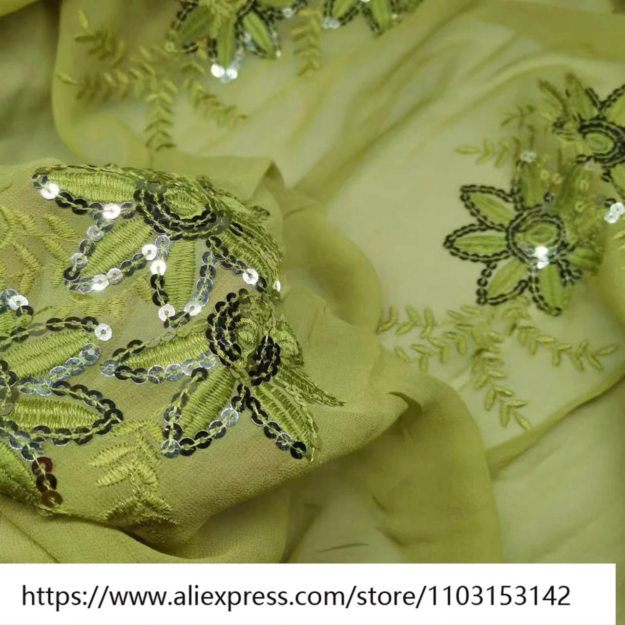 

Летняя легкая и прозрачная вышитая блестками оливково-зеленая шелковая ткань Qiaoqi 8Momme узкая элитная сценическая одежда