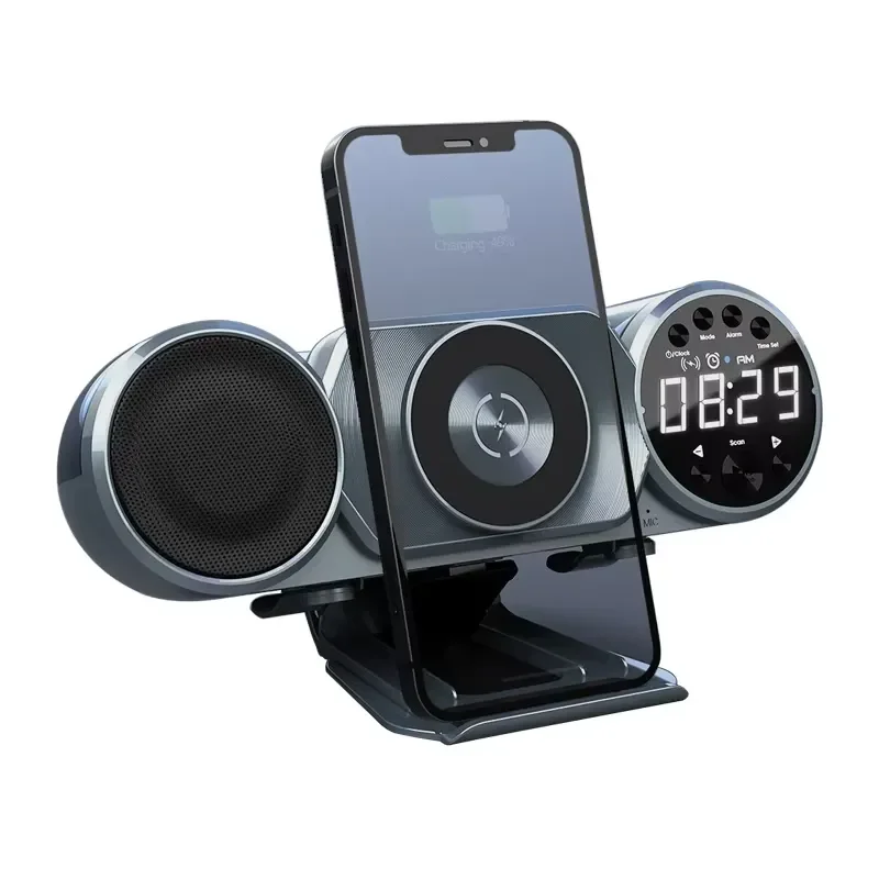 Smart Wireless Charging Bluetooth Speaker with RGB LED Light FM Radio Alarm Clock Hands-Free Music Player