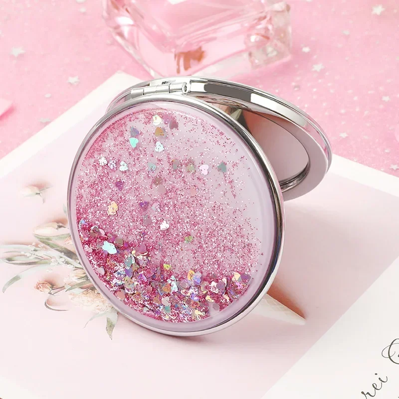 Espejos cosméticos plegables de doble cara para mujer, regalos con arena brillante que fluye, mini espejo de maquillaje, espejos de bolsillo compactos, color rosa