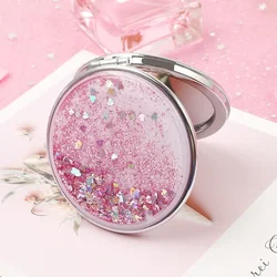Folding Double-Sided Cosmetic Mirrors for Women Gifts with Flowing Sparkling Sand Mini Makeup Mirror Compact Pocket Mirrors Pink