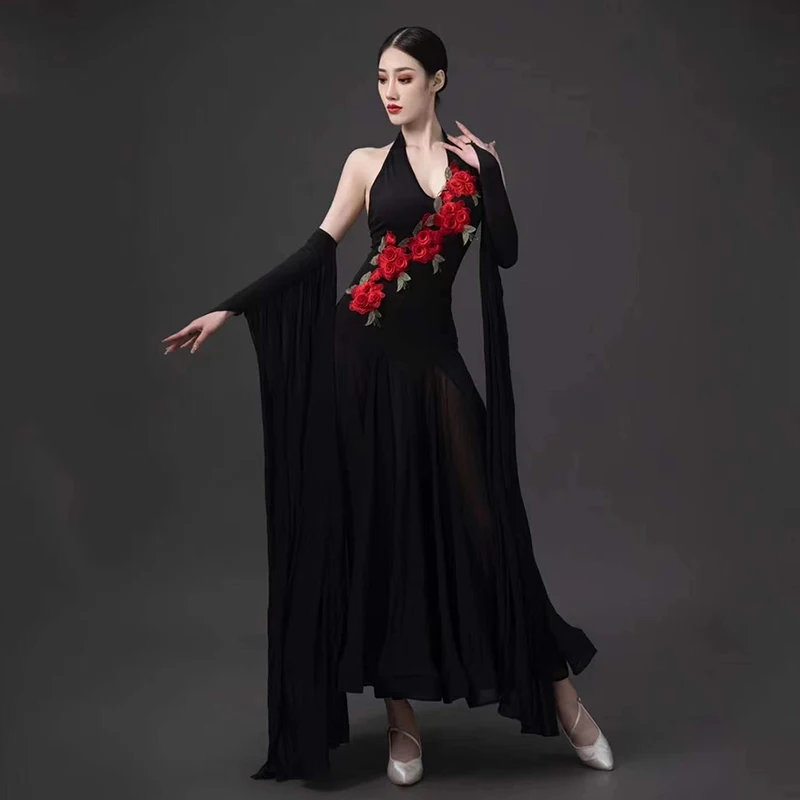 2023 Ballroom Latin Dance Performance Costume Women Prom Tango Waltz Dance Dress Halter Neck Black Dresses Stage Wear BL10245