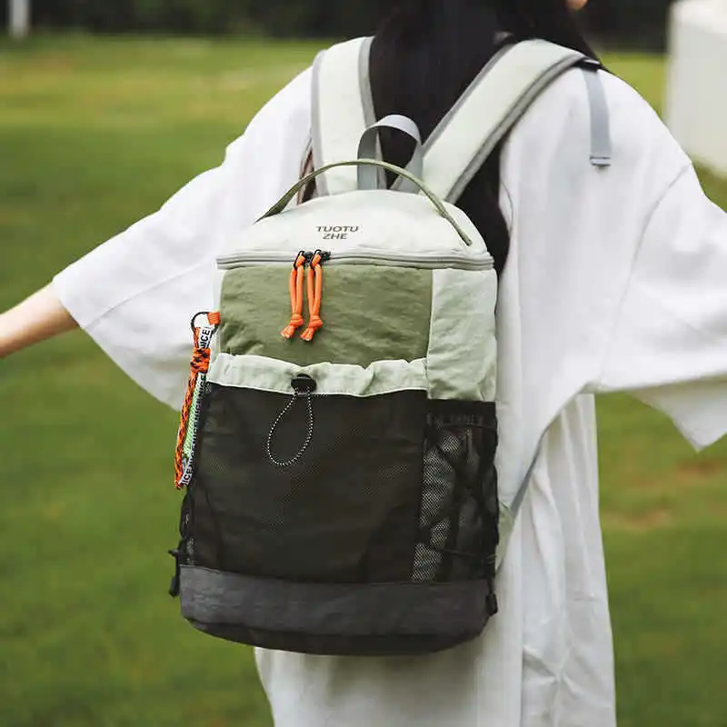 

Casual Patchwork Backpack Multi Mesh Storage Lightweight Versatile for Campus Commute Camping Weekend Large Capacity Outdoor Use