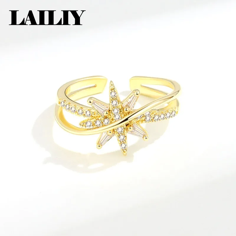 LAILIY925 Sterling Silver 18KGold Gift Wedding Diamond Double layer Eight pointed Star Adjustable Ring for Women Fashion Jewelry