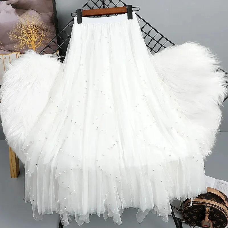 Beaded Gauze Skirt Female Spring/Summer 2024 Korean Version Of Irregular A-Shaped Gauze Skirt With High Waist And Long Skirt