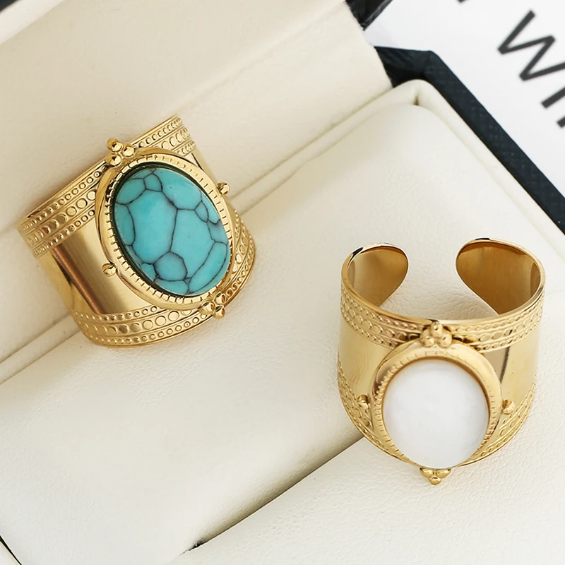 Bohemia Turquoise Natural Stone Wide Open Rings for Women 14K Gold Plated Stainless Steel Ring Finger Rings Women Jewelry Gifts