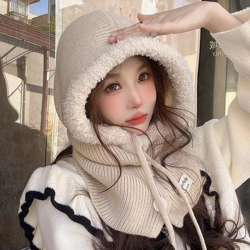 Balaclava Plush Patchwork Button Hood Scarf  Hats for Women One Autumn and Winter Neck Guard Lace-up Lazy Knitted Hat  Beanie