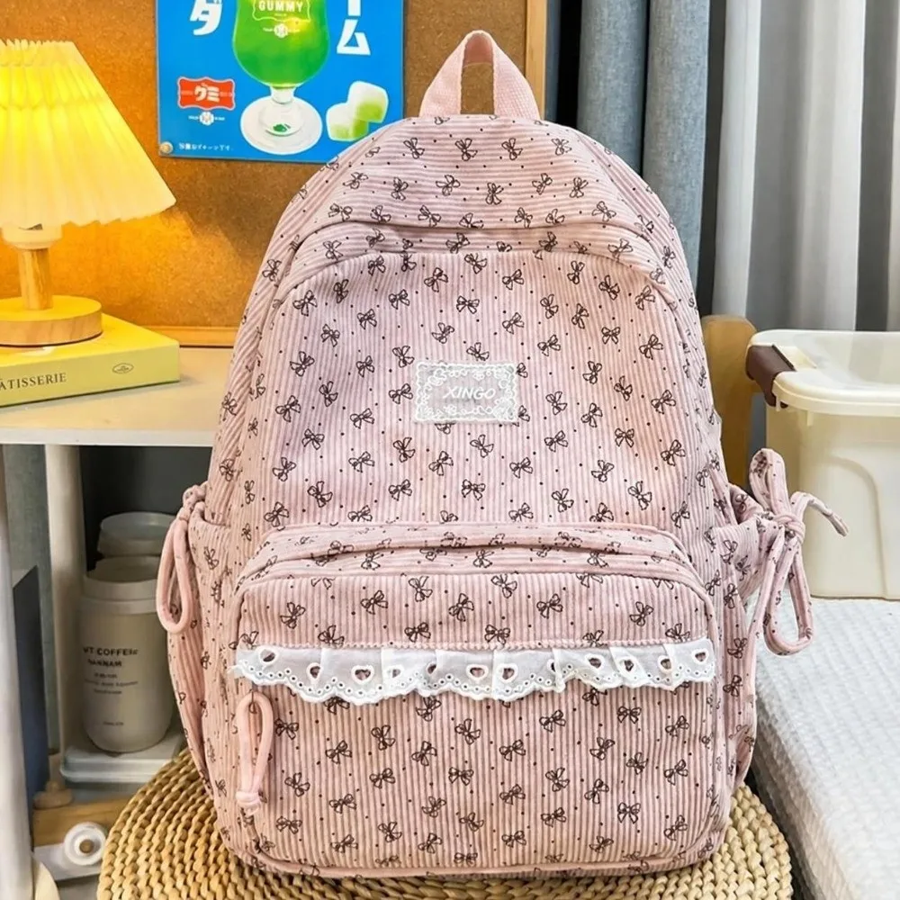Cute Korean Style Corduroy Backpack Preppy Style Bow Knot Polka Dot Pattern School Bag Large Capacity Lace Edge Student Backpack