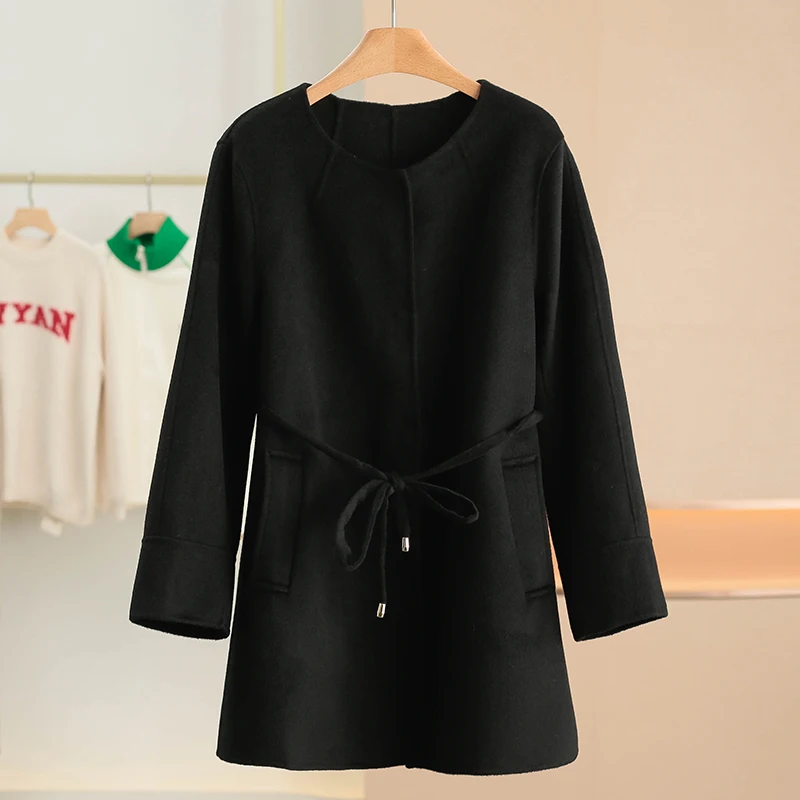

Black Double-Faced Woolen Coat 100% Cashmere Loose Fit Winter Fashion Women's Jacket Street Style round Neck Long Sleeve Coat