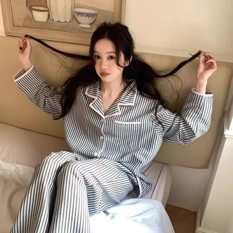 Women's Pajama Set Fashion Homewear Color Contrast Lapel Striped Soft Fabric Women Homewear Sweet Comfy Loose Wearable Outside