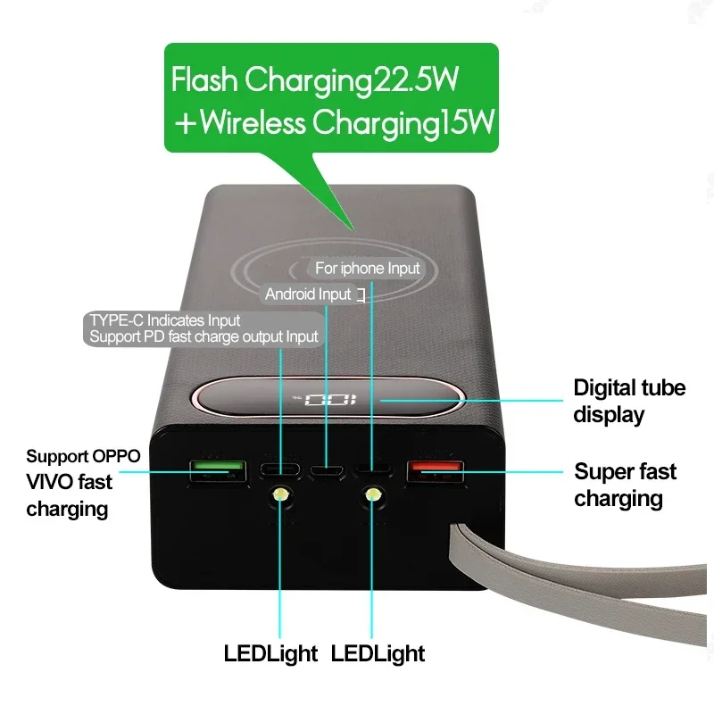 QC3.0 PD caja de almacenamiento de carga Flash de 20W, Banco de energía desmontable, 12/16, 18650, baterías tipo C con carga inalámbrica de 15W