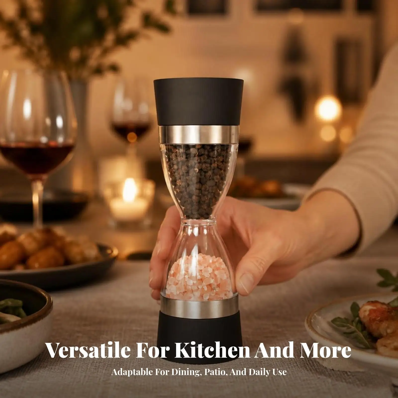 2 in 1 Salt and Pepper | Compact Hourglass-Shaped Design, Stainless Steel Construction, Salt and Pepper with Dual Chambers, for