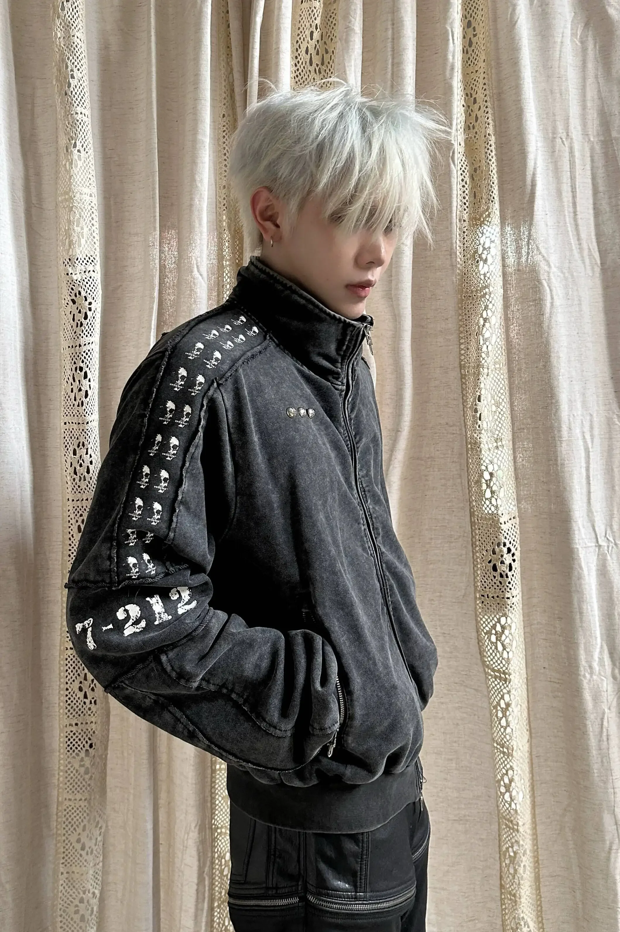 Men's Punk Heavy Washed Vintage Printed Patchwork Subculture Silhouette Sweatshirt