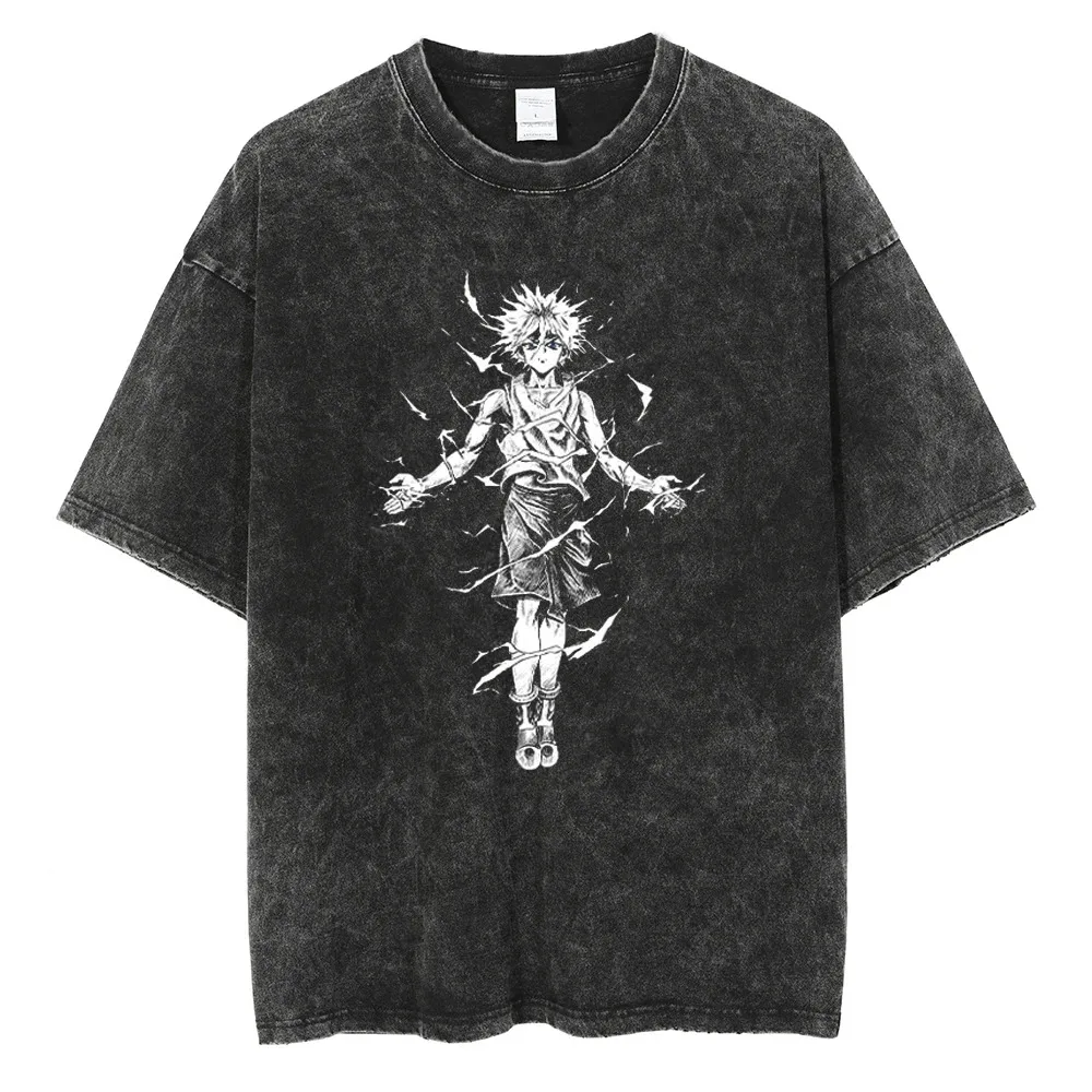 Men's Trendy Summer Cotton Loose Washed Top T-shirt Anime Print T-shirt Men's Street Wear Retro Black T-shirt Harajuku T-shirt