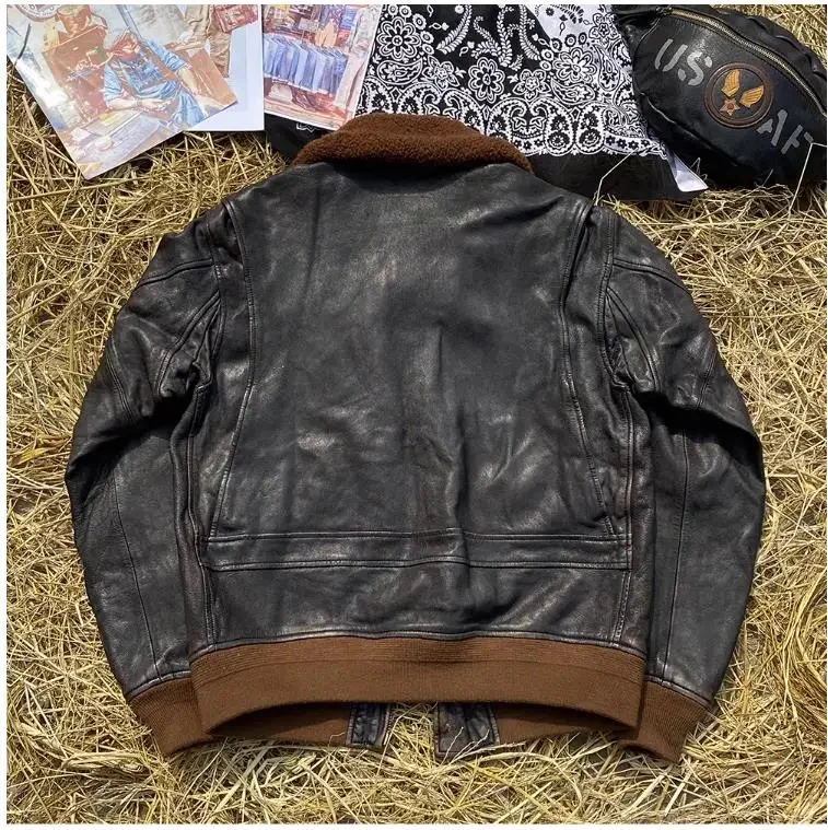 YR!Free shipping.Classic style vintage G1 genuine leather jacket.Bomber natural goatskin coat. Rider cool cloth.Autumn