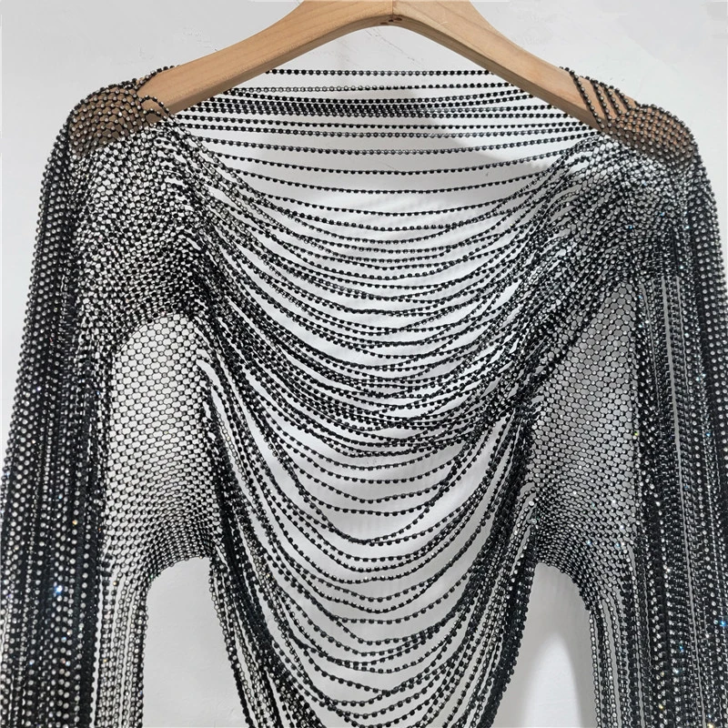 2026 Frühjahr/Sommer Neu Funkelnde Diamant-Halskette Accessoires Kleidung Crop Tops Quasten-Schal Mode Clubwear Langarm-Oberteil – Detail 4