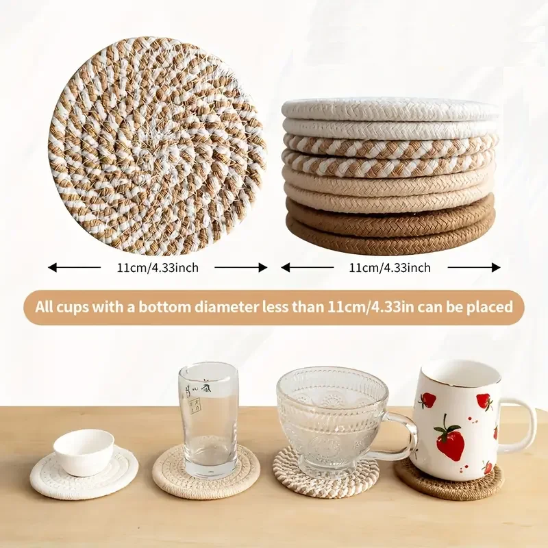 4Pcs Simple Cotton Braid Coaster Handmade Cup Cushion Bohemia Style Non-Slip Cup Mat Decoration Bedroom Home Table Decor