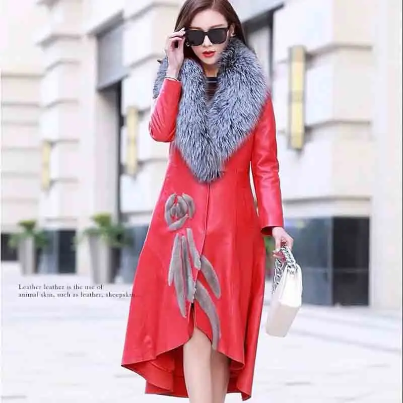 New Haining Furs Women In Long Trench Mink Fox Fur Temperament Female Lining Cotton Leather Trench 7xl