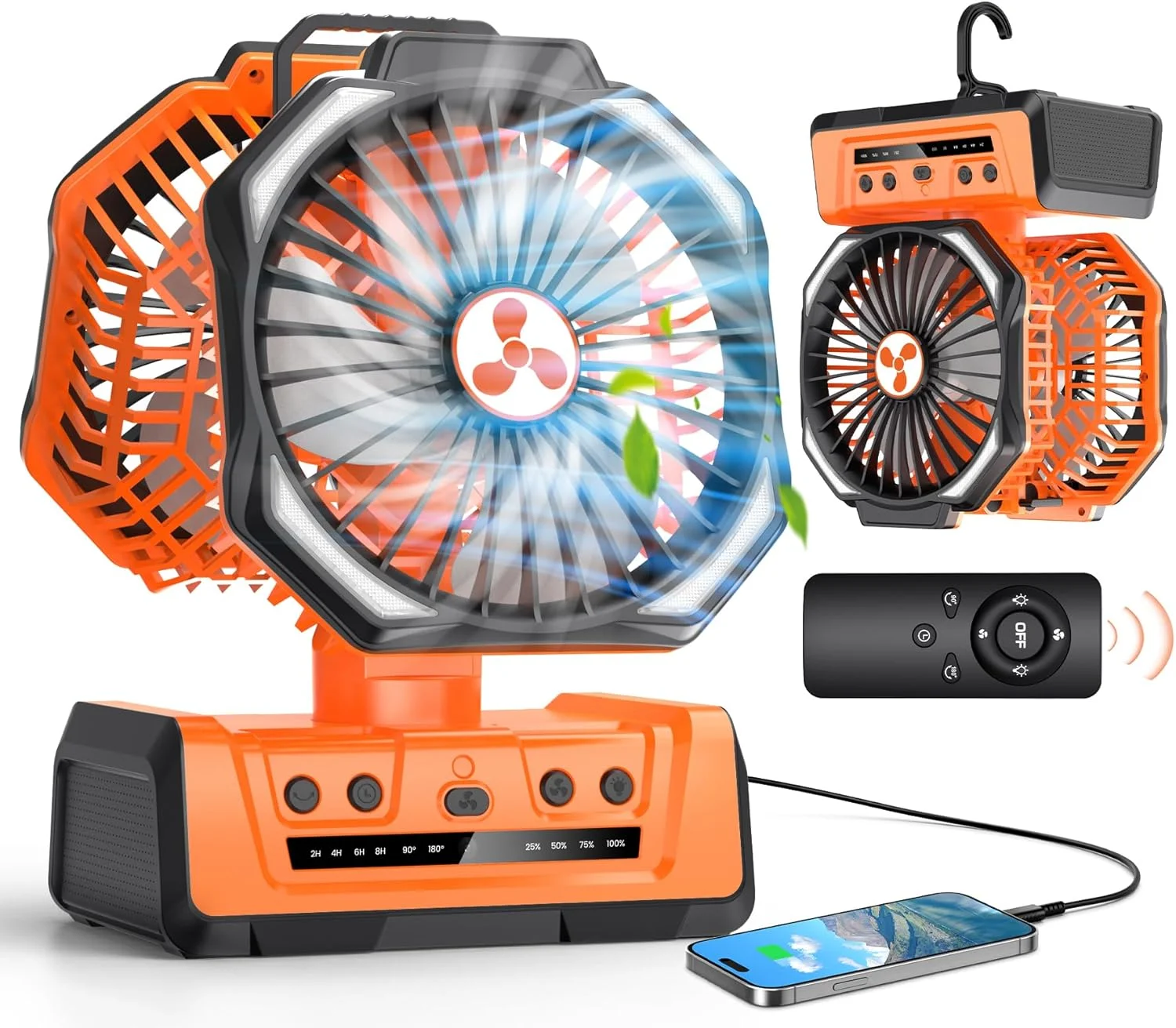 Orange Color Camping Fan Dual Head Foldable Design Remote Control LED Lantern Battery Powered For Tent Jobsite Travel