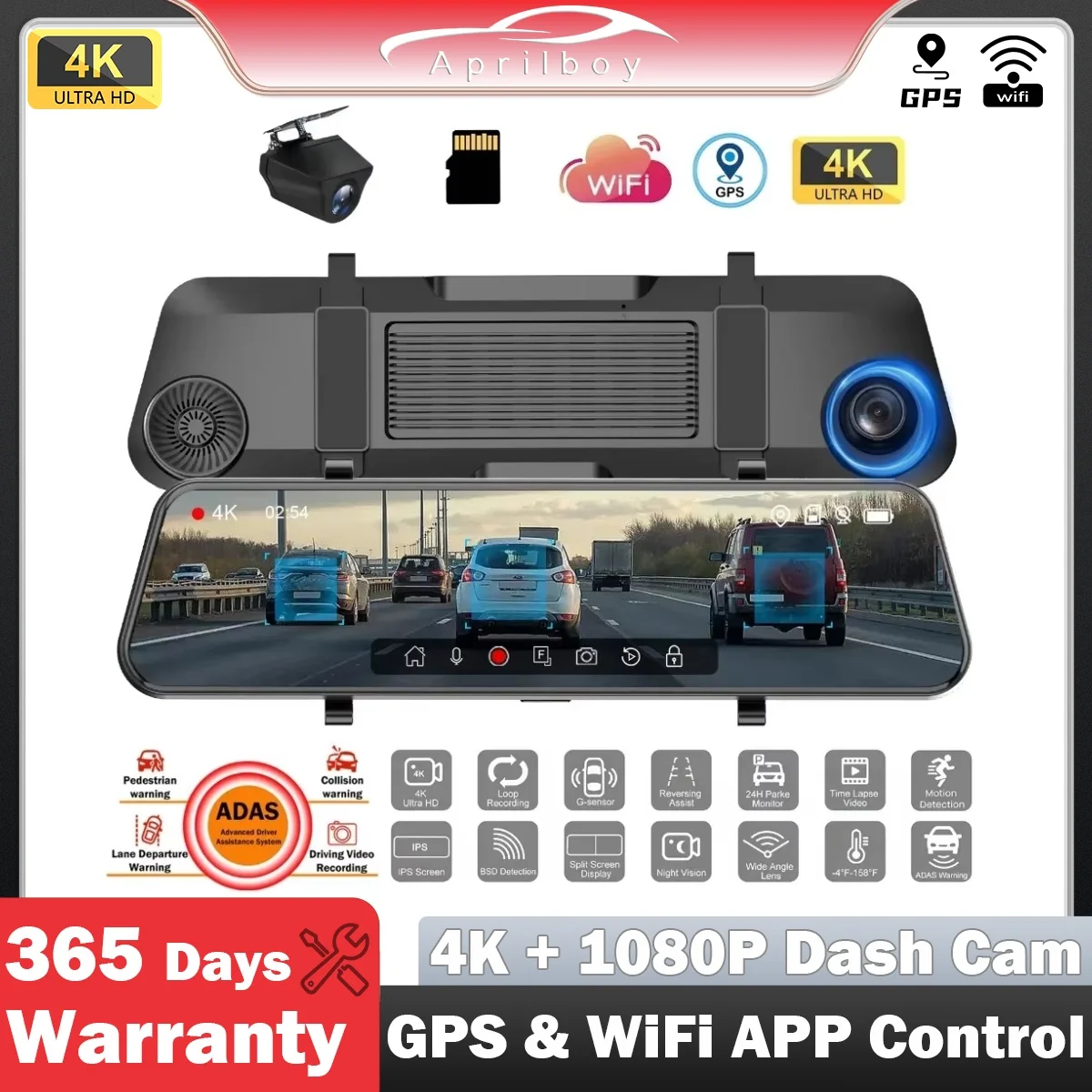 

Aprilboy 4K Car DVR Mirror Ultra HD 3840*2160P Dash Cam ADAS Support GPS WIFI Support Monitor Night Vision 1080P Rear Camera