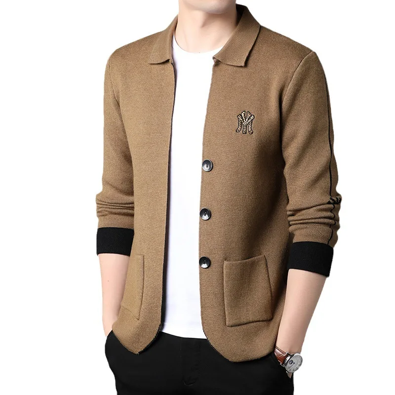 Fall Winter Men Thick Knit Cardigan Korean Business Casual Small Suit Polo Collar Solid Color Sweater Coat Men's Top