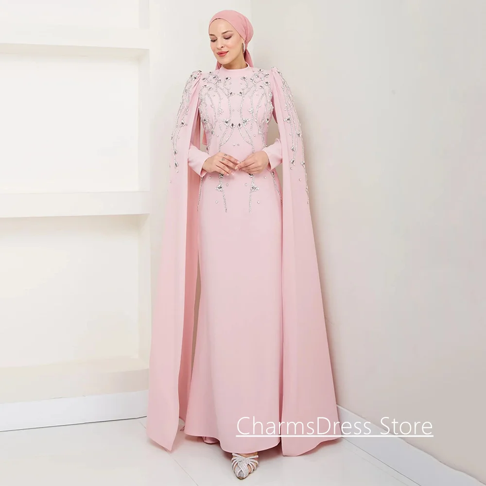 Islamisches Abendkleid, maßgeschneidert, Stehkragen, volle Ärmel, Cape, Kristallperlen, formelles Abendkleid, Hochzeits-Party-Kleider