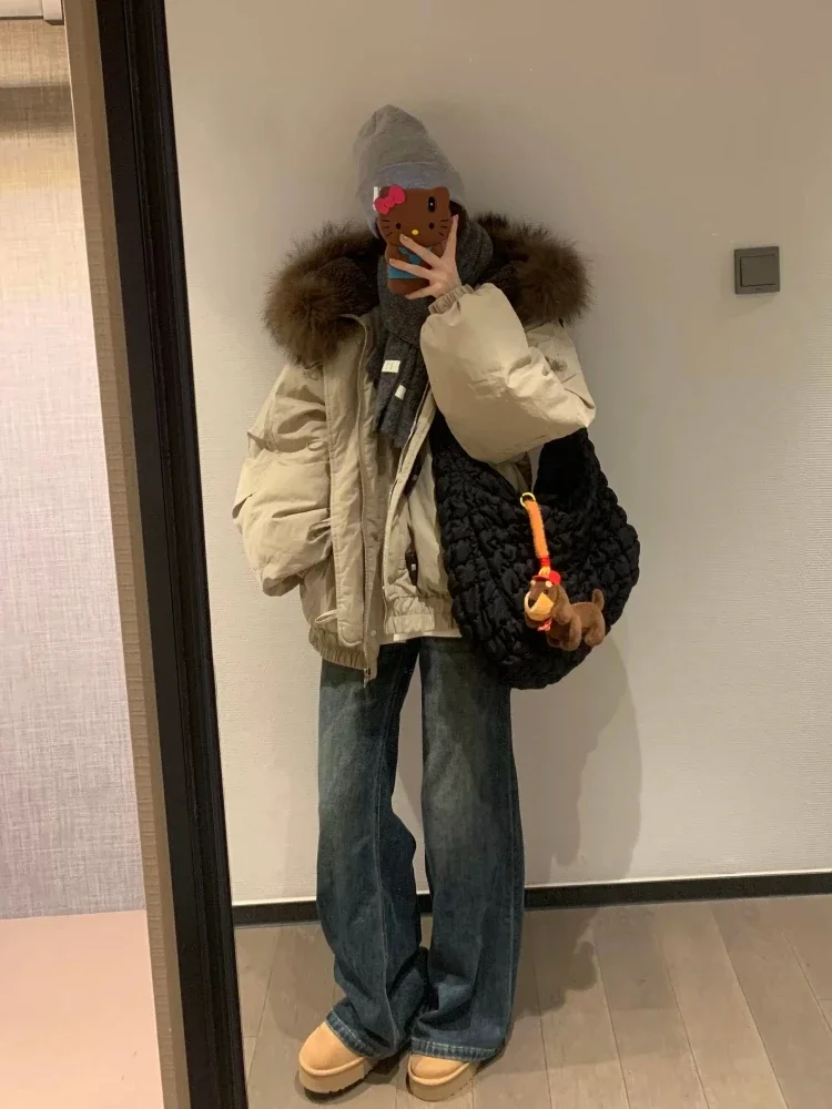 Retro Parka Damska z Guzikami, Luźna, Bawełniana, z Kołnierzem z Imitacji Futra, Ciepła Odzież Wierzchnia, Koreański Styl, Duże Rozmiary, Modny Płaszcz Zimowy