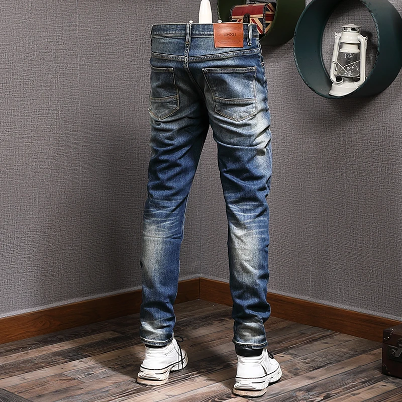 European Trend Fashion Men Jeans Retro Blue High Quality Elastic Slim Fit Ripped Jeans Men Vintage Designer Denim Pants Hombre