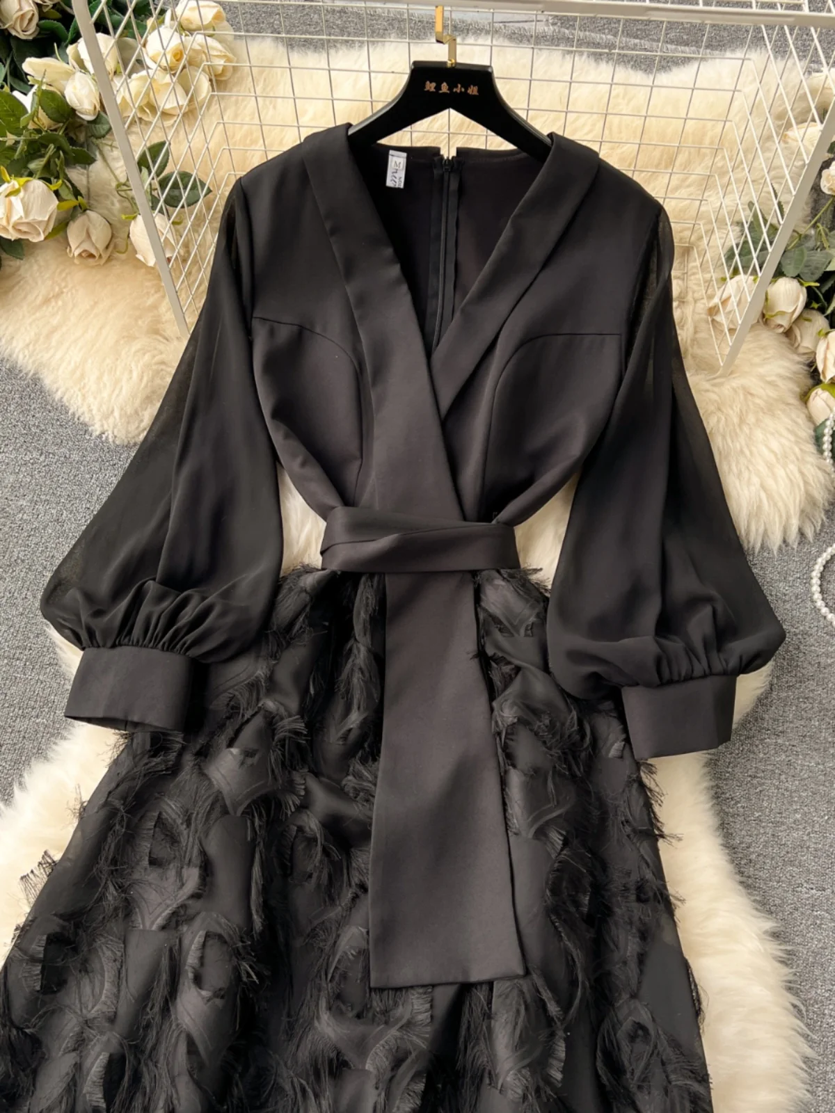 GetSpring Women Dress 2025 Spring New Vintage V Neck Puff Sleeve High Waist Stitching Fake Two Slim Fit Long Black Dresses