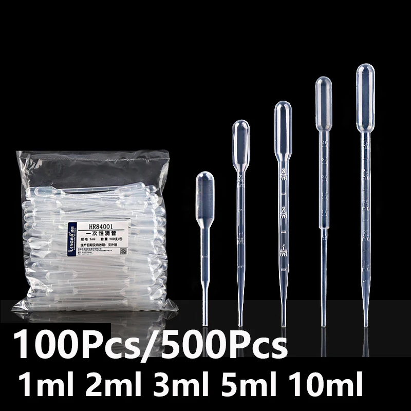 100/100Pcs Transfer Pipettes0.2/0.5ml1ml 2ml 3ml 5ml 10ml Plastic Transparent Pipettes Disposable Safe Eye Pipettes Lab Supplies