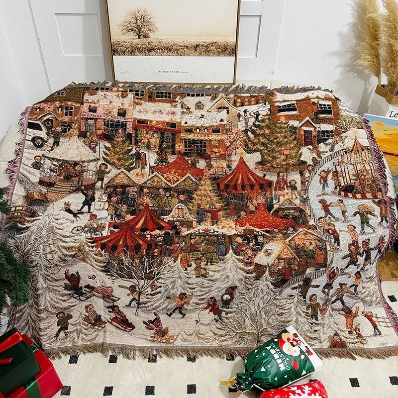 Christmas Town Sofa Blankets Towel decorative knitted tapestries Bedspread Landscape Blanket for Sofa Bed with Tassels for Gift