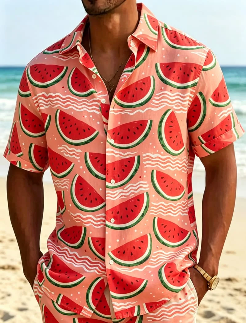 Men's Tropical Fruit Print Casual Shirt, Breathable Top，suitable For Summer Vacation Party Travel And Daily Wear