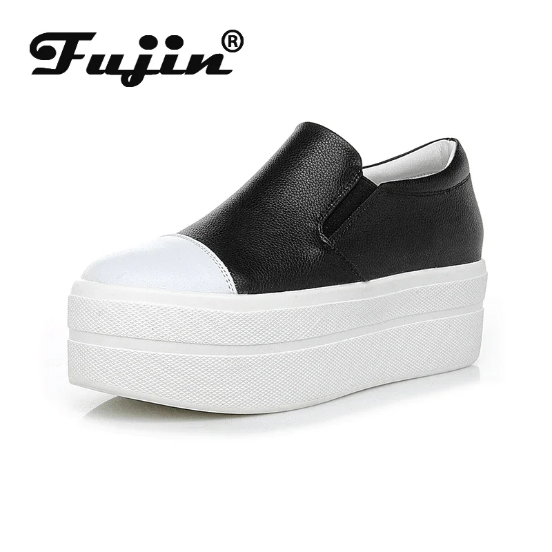 Fujin Casual Shoes Women\'s New Platform Heel Women Round Toe 2024 White Shoes Fashion Breathable Thick Bottom Slip Loafers Women