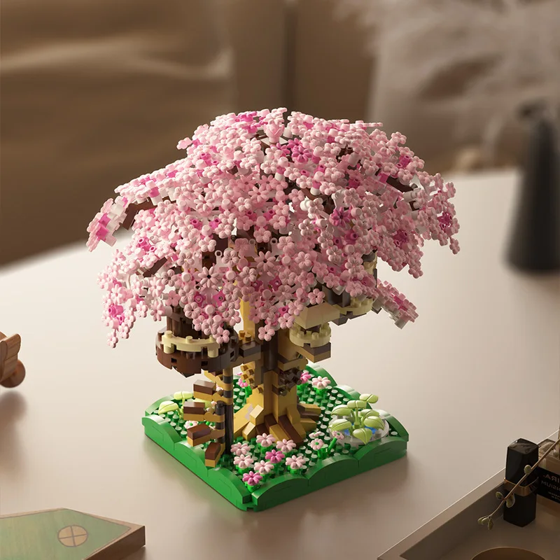Sakura Cherry Tree House Micro Blocks Set - DIY Assembly Desktop Ornament Collectible Bricks Home Decor for Birthday Christmas