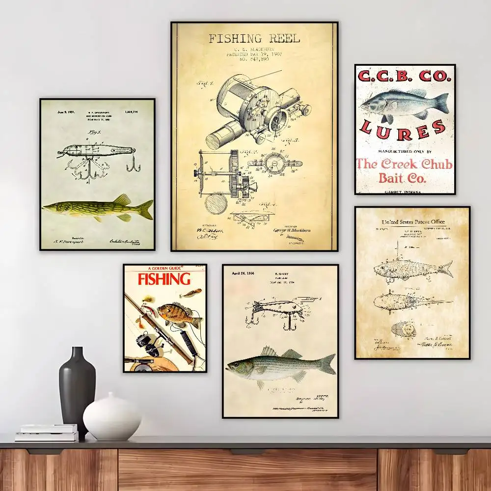 Artisian Fishing Tin Plaque Lure Bait Poster canvas HD aesthetic Printing Paper Wall Art for Living Room Bar fashion Home Decor